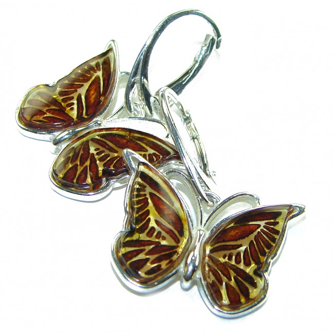 Butterflies carved Baltic Polish Amber .925 Sterling Silver earrings