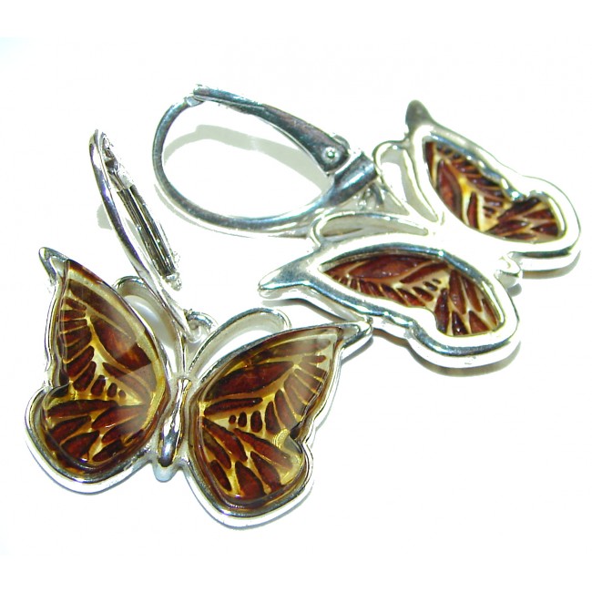 Butterflies carved Baltic Polish Amber .925 Sterling Silver earrings