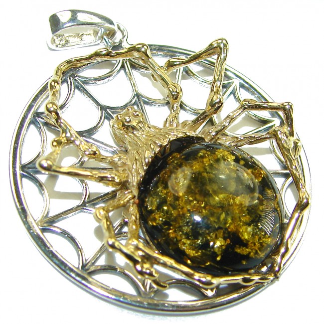 Masterpiece Golden Spider 24.2 grams Natural Baltic Amber .925 Sterling Silver handmade Pendant