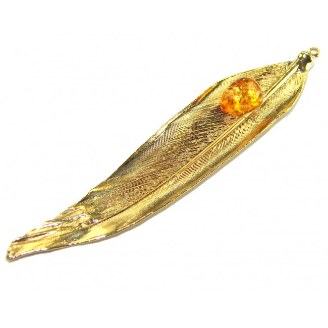 Stylish REAL Leaf Coved with Sterling Silver and 14K Gold Golden Topaz & .925 Sterling Silver Pendant