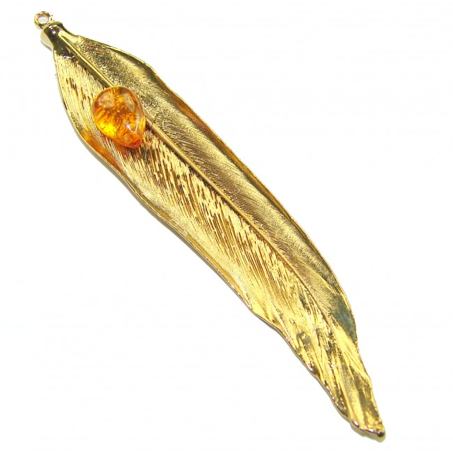 Stylish REAL Leaf Coved with Sterling Silver and 14K Gold Golden Topaz & .925 Sterling Silver Pendant