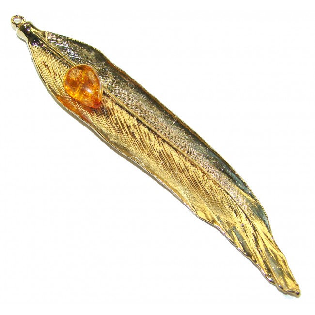 Stylish REAL Leaf Coved with Sterling Silver and 14K Gold Golden Topaz & .925 Sterling Silver Pendant