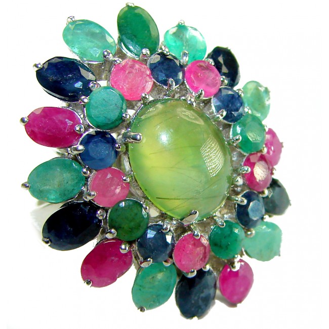 Incredible 45.5 carat Prehnite Ruby Emerald Sapphire . 925 Sterling Silver Ring s. 7