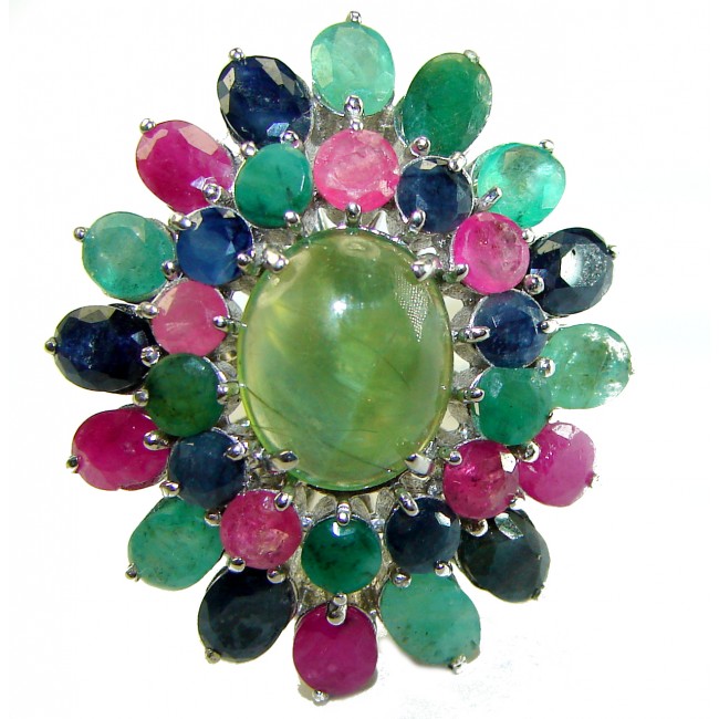 Incredible 45.5 carat Prehnite Ruby Emerald Sapphire . 925 Sterling Silver Ring s. 7