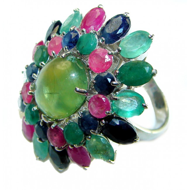 Incredible 45.5 carat Prehnite Ruby Emerald Sapphire . 925 Sterling Silver Ring s. 7