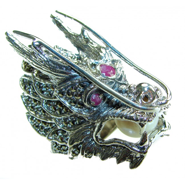 Large 36.8 grams Marcasite Pearl Dragon's Head oxidized . 925 Sterling Silver Ring s. 8 3/4