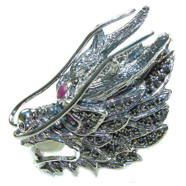 Large 36.8 grams Marcasite Pearl Dragon's Head oxidized . 925 Sterling Silver Ring s. 8 3/4