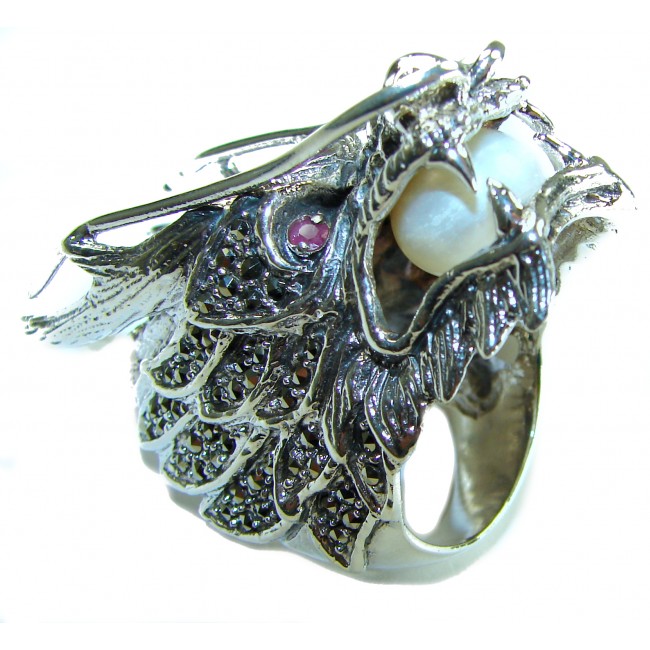 Large 36.8 grams Marcasite Pearl Dragon's Head oxidized . 925 Sterling Silver Ring s. 8 3/4