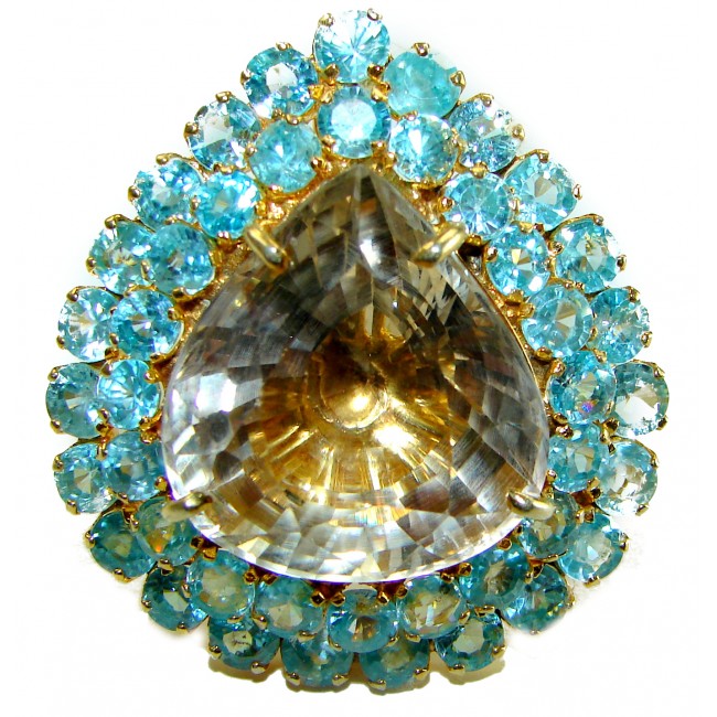 Alessandra 97.5 carat Champagne Smoky Topaz Aquamarine 18K Gold over .925 Sterling Silver Oversized Ring size 9