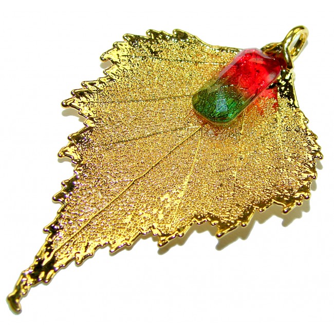 Stylish REAL Leaf Coved with Sterling Silver and 14K Gold Golden Topaz Tourmaline & .925 Sterling Silver Pendant