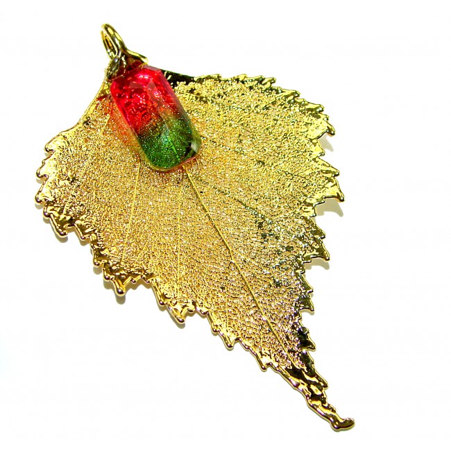 Stylish REAL Leaf Coved with Sterling Silver and 14K Gold Golden Topaz Tourmaline & .925 Sterling Silver Pendant