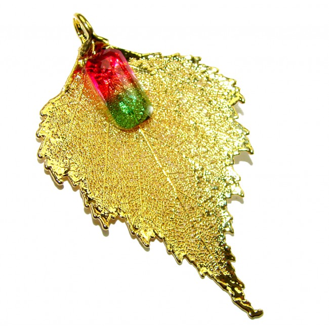 Stylish REAL Leaf Coved with Sterling Silver and 14K Gold Golden Topaz Tourmaline & .925 Sterling Silver Pendant