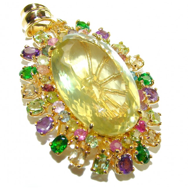 Vintage Design Genuine 28.5 carat Lemon Quartz 18K Gold over .925 Sterling Silver handmade Pendant