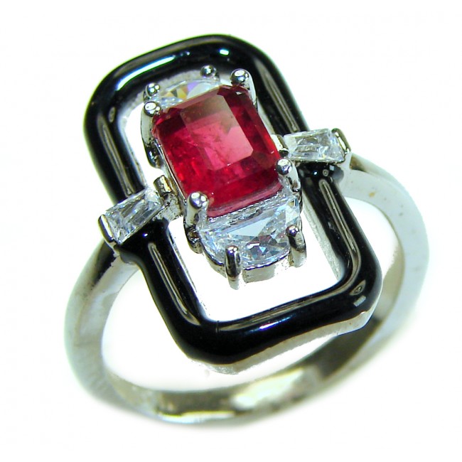 Art Deco 2.3 carat Ruby black enamel .925 Sterling Silver handmade Ring size 6