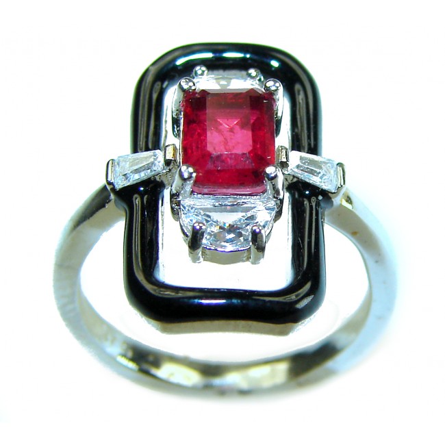 Art Deco 2.3 carat Ruby black enamel .925 Sterling Silver handmade Ring size 6