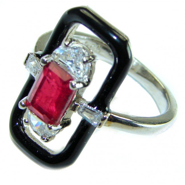 Art Deco 2.3 carat Ruby black enamel .925 Sterling Silver handmade Ring size 6