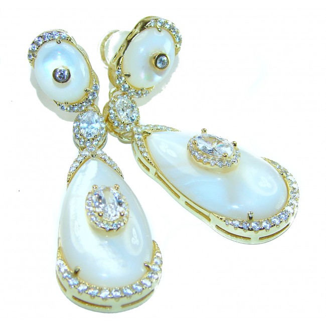 Genuine Blister Pearl 0.3 carat lab grown Diamond 18K Gold over .925 Sterling Silver handcrafted Statement Earrings