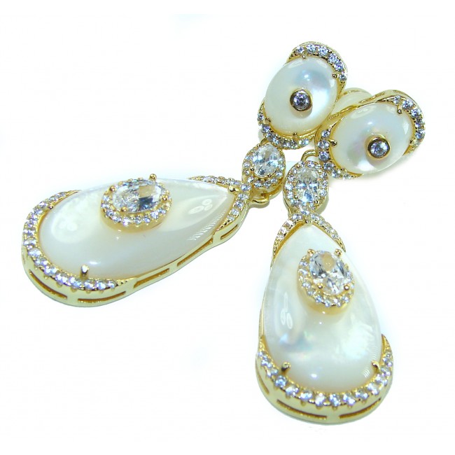 Genuine Blister Pearl 0.3 carat lab grown Diamond 18K Gold over .925 Sterling Silver handcrafted Statement Earrings