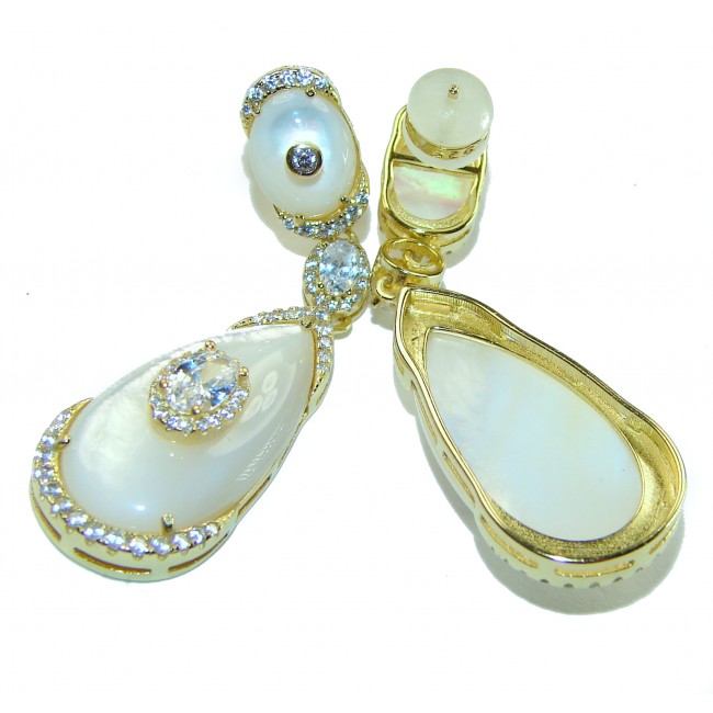 Genuine Blister Pearl 0.3 carat lab grown Diamond 18K Gold over .925 Sterling Silver handcrafted Statement Earrings