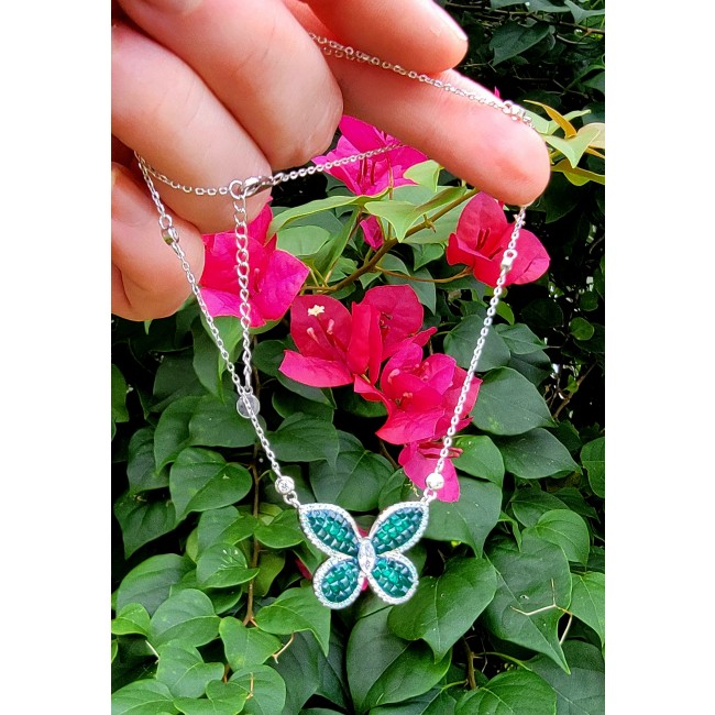 Great Masterpiece Butterfly genuine Emerald .925 Sterling Silver handmade necklace