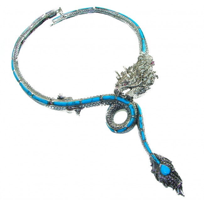 Power, Good fortune and Strength MASSIVE Dragon Genuine Turquoise Marcasite .925 Sterling Silver handmade handcrafted Necklace