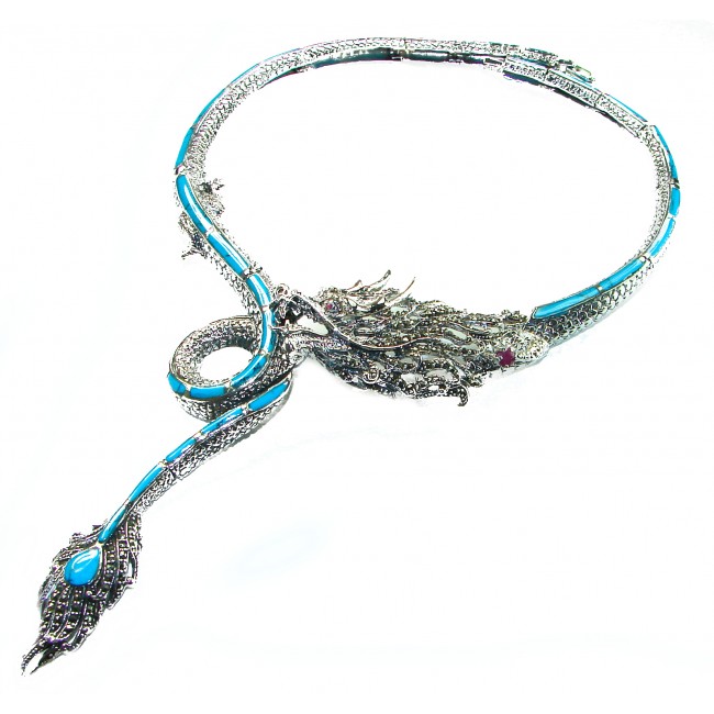 Power, Good fortune and Strength MASSIVE Dragon Genuine Turquoise Marcasite .925 Sterling Silver handmade handcrafted Necklace