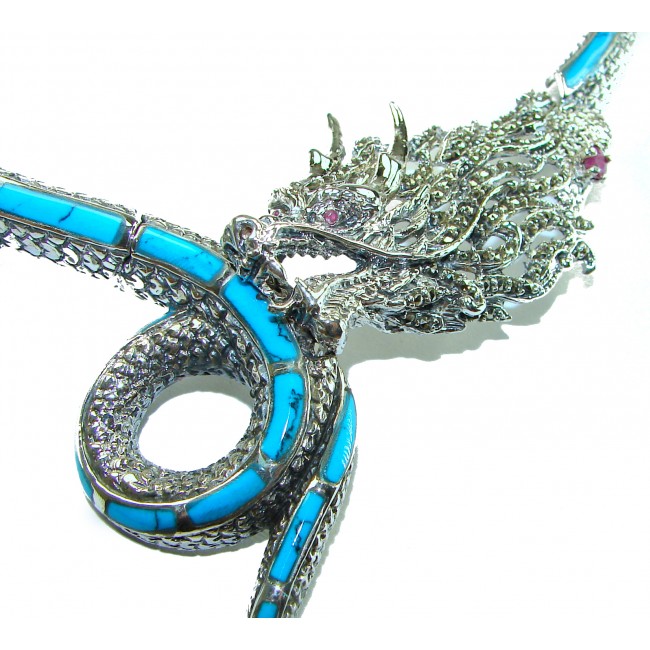 Power, Good fortune and Strength MASSIVE Dragon Genuine Turquoise Marcasite .925 Sterling Silver handmade handcrafted Necklace