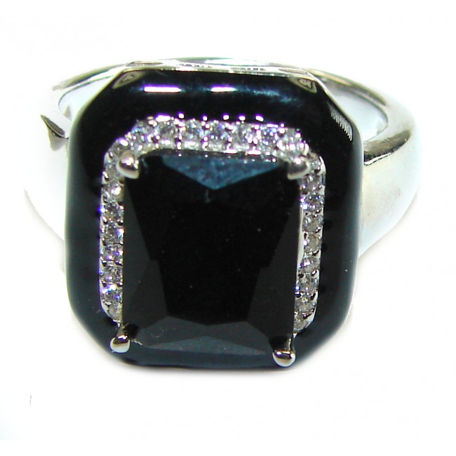 Exclusive 7.5 CARAT emerald cut Sapphire black enamel .925 Sterling Silver handcrafted ring size 6 1/4