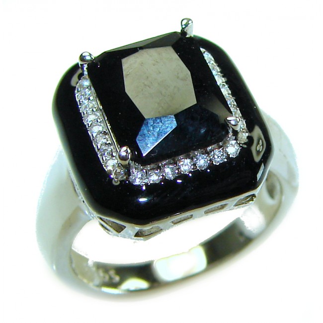 Exclusive 7.5 CARAT emerald cut Sapphire black enamel .925 Sterling Silver handcrafted ring size 6 1/4