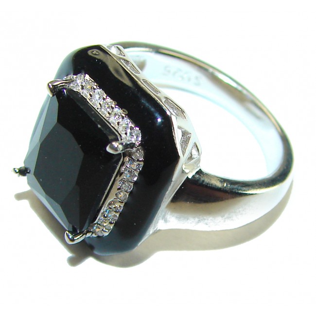 Exclusive 7.5 CARAT emerald cut Sapphire black enamel .925 Sterling Silver handcrafted ring size 6 1/4