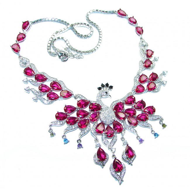 65.2 carat Graceful Swan Natural Red Topaz .925 Sterling Silver handcrafted Statement necklace