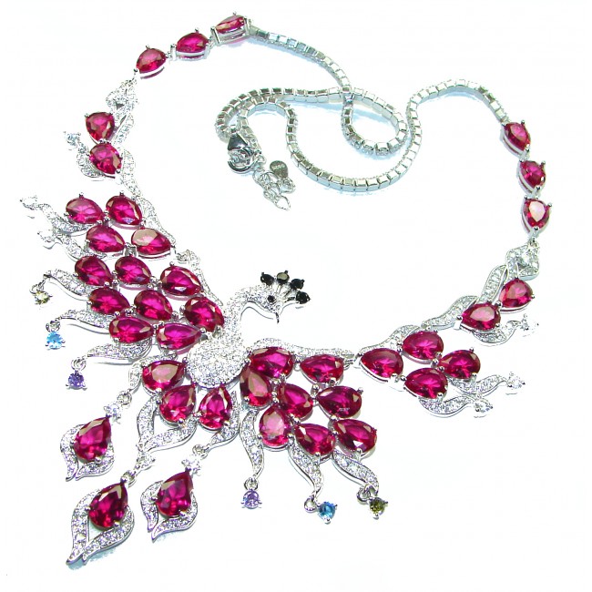 65.2 carat Graceful Swan Natural Red Topaz .925 Sterling Silver handcrafted Statement necklace