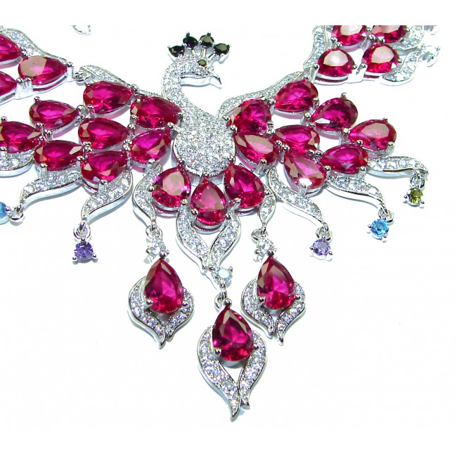 65.2 carat Graceful Swan Natural Red Topaz .925 Sterling Silver handcrafted Statement necklace