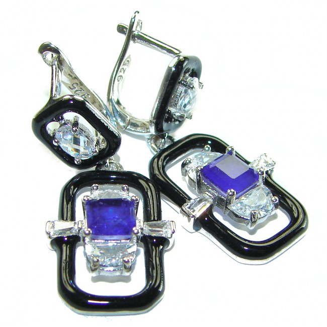 Art Deco 4.5 carat Sapphire black enamel .925 Sterling Silver handcrafted earrings