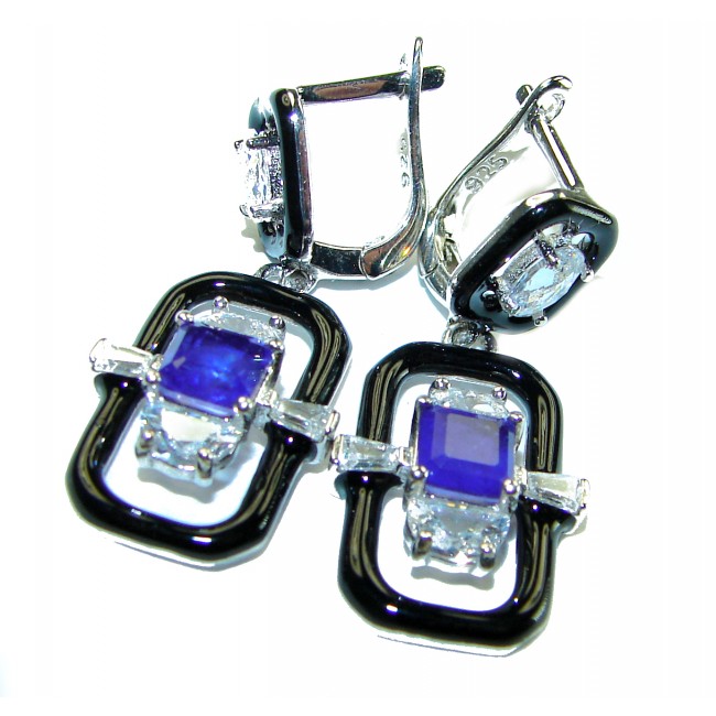 Art Deco 4.5 carat Sapphire black enamel .925 Sterling Silver handcrafted earrings