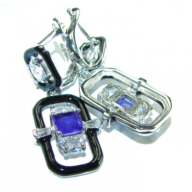 Art Deco 4.5 carat Sapphire black enamel .925 Sterling Silver handcrafted earrings