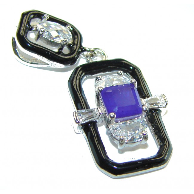 Art Deco 3.2 carat Sapphire black enamel .925 Sterling Silver handcrafted .925 Sterling Silver handcrafted Pendant