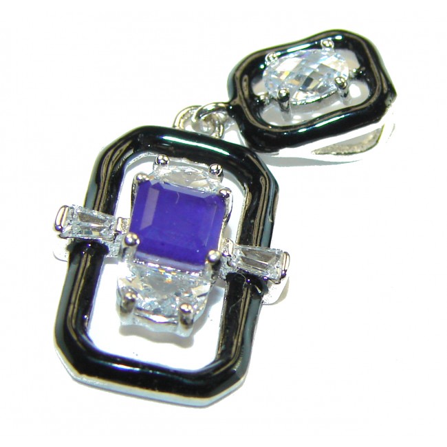 Art Deco 3.2 carat Sapphire black enamel .925 Sterling Silver handcrafted .925 Sterling Silver handcrafted Pendant