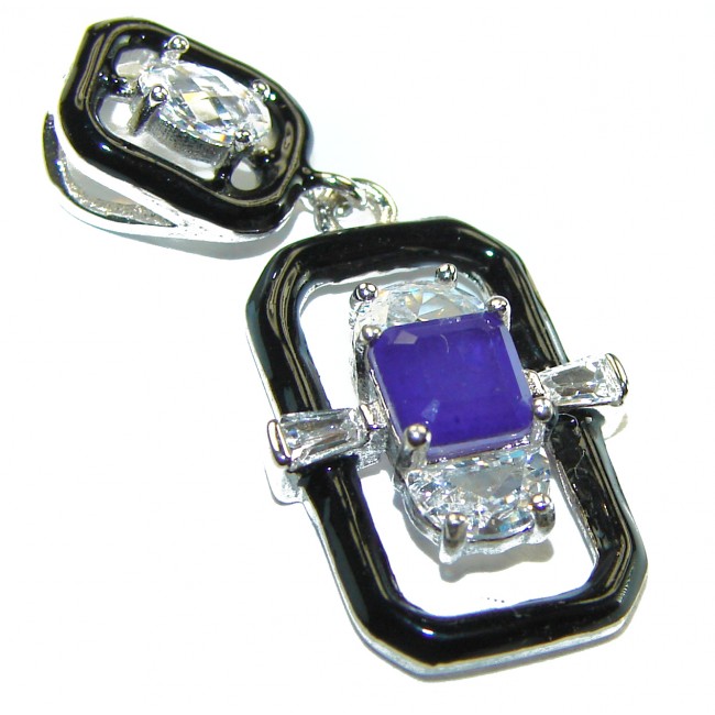 Art Deco 3.2 carat Sapphire black enamel .925 Sterling Silver handcrafted .925 Sterling Silver handcrafted Pendant