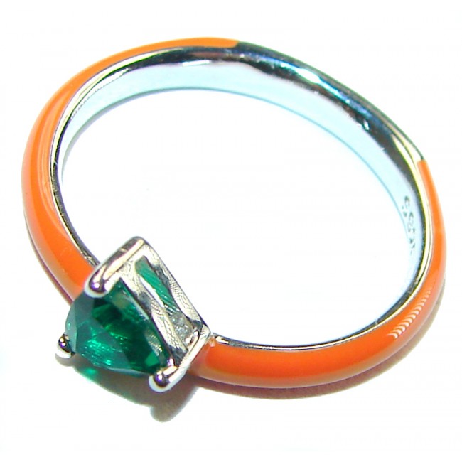 Gabriella Trillion cut 0.6 carat Emerald enamel .925 Sterling Silver handcrafted Cocktail Ring s. 7 1/4