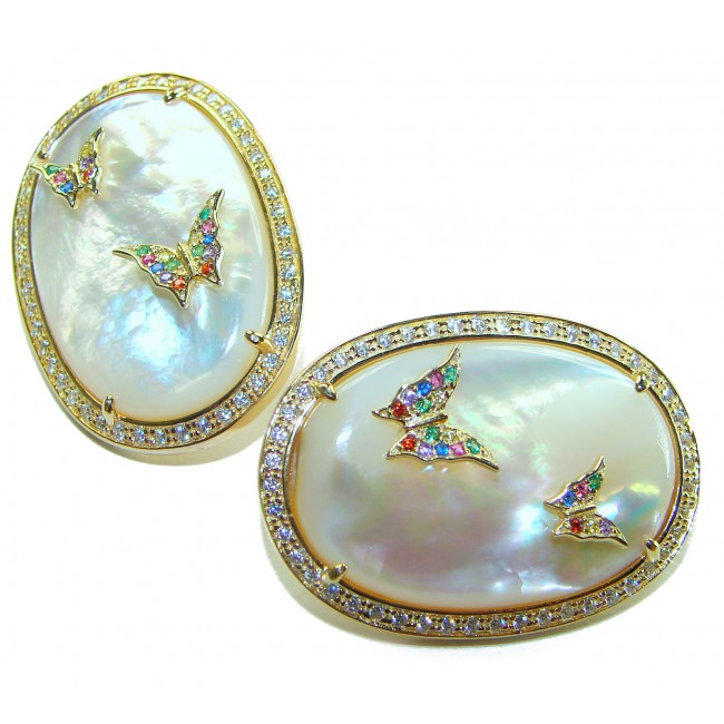 Genuine Blister Pearl lab grown Diamond 18K Gold over .925 Sterling Silver handcrafted Large Statement Earrings