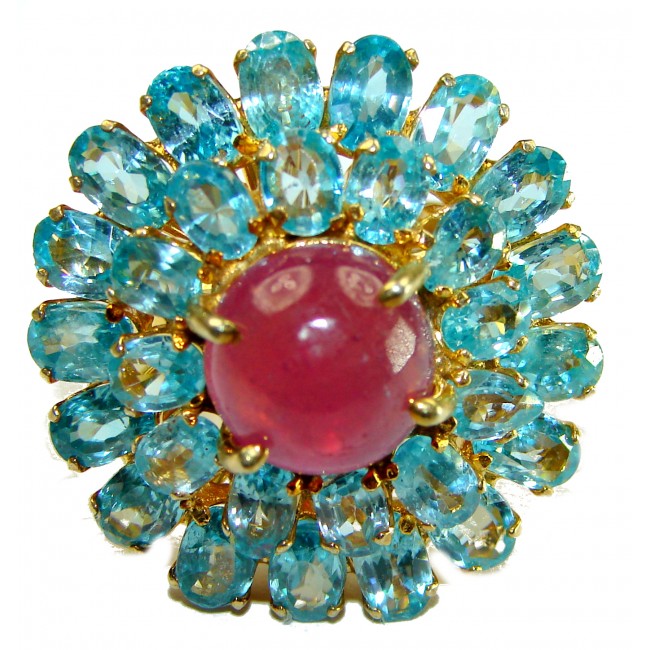 Large Magic Flower Authentic 5.5 carat Ruby 15.2 carat Aquamarine 14K Gold over .925 Sterling Silver handcrafted ring size 8