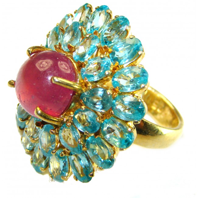 Large Magic Flower Authentic 5.5 carat Ruby 15.2 carat Aquamarine 14K Gold over .925 Sterling Silver handcrafted ring size 8