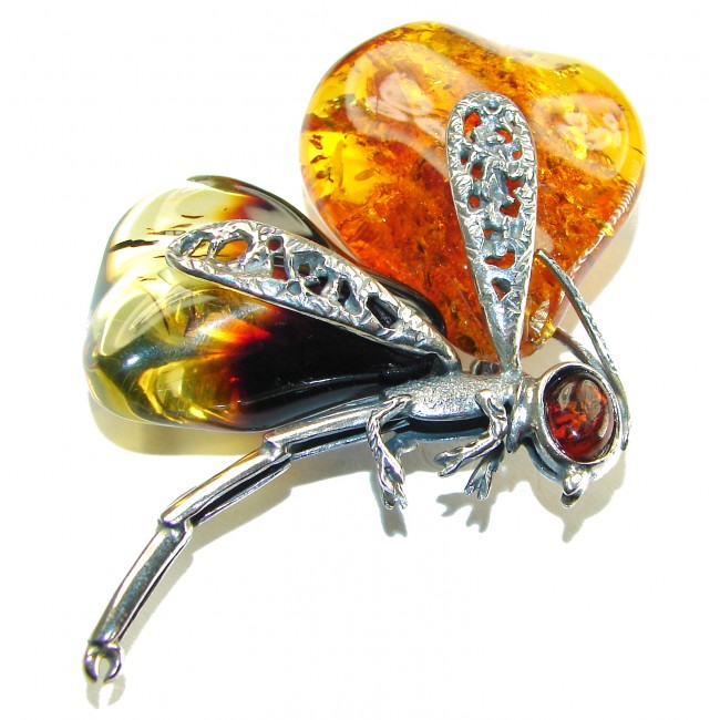 Spectacular Big Golden Dragonfly Natural Baltic Amber .925 Sterling Silver handmade Pendant Brooch