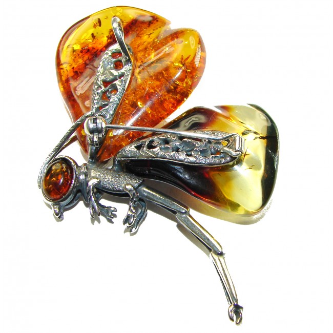 Spectacular Big Golden Dragonfly Natural Baltic Amber .925 Sterling Silver handmade Pendant Brooch