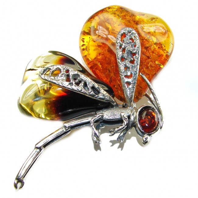 Spectacular Big Golden Dragonfly Natural Baltic Amber .925 Sterling Silver handmade Pendant Brooch