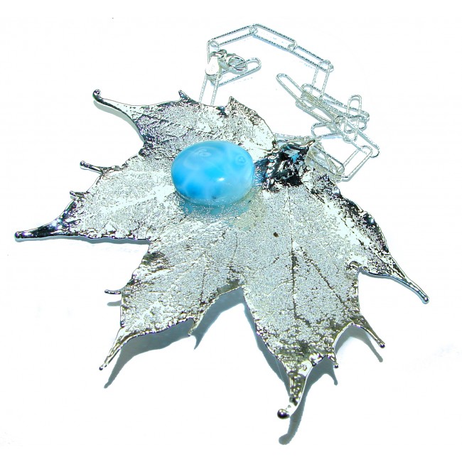 Beautiful Nature 8.2 carat Larimar Real Leaf dipped in Real .925 Sterling silver handcrafted necklace