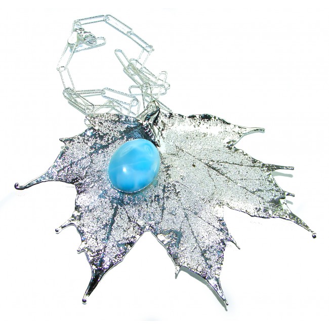 Beautiful Nature 8.2 carat Larimar Real Leaf dipped in Real .925 Sterling silver handcrafted necklace