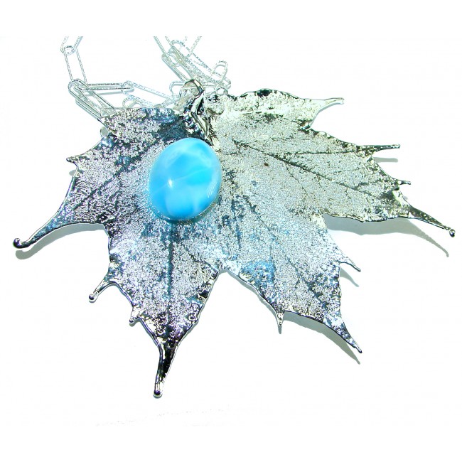 Beautiful Nature 8.2 carat Larimar Real Leaf dipped in Real .925 Sterling silver handcrafted necklace