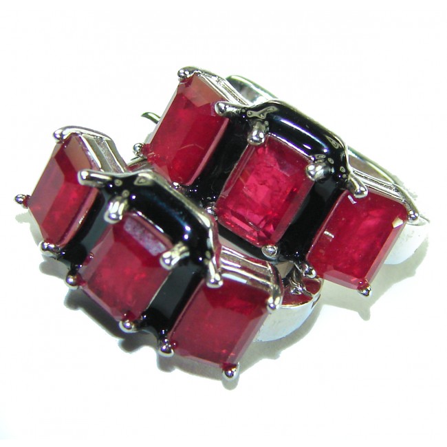 Art Deco 10.2 carat Ruby black enamel .925 Sterling Silver handcrafted earrings